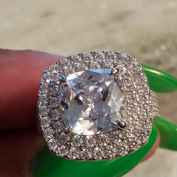 Stunning Double Halo Three Shank Cushion Cut Sterling Silver Engagement Ring × 1 - Picture 6 of 6